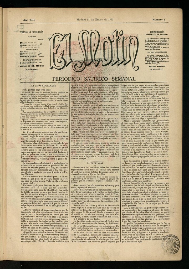 Miniatura de El Motín: periódico satírico semanal del 21 de enero de 1893