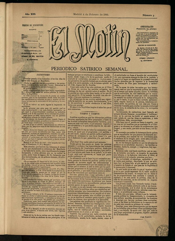 Miniatura de El Motín: periódico satírico semanal del 4 de febrero de 1893