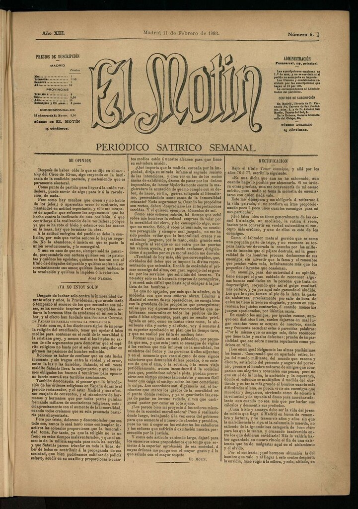 Miniatura de El Motín: periódico satírico semanal del 11 de febrero de 1893