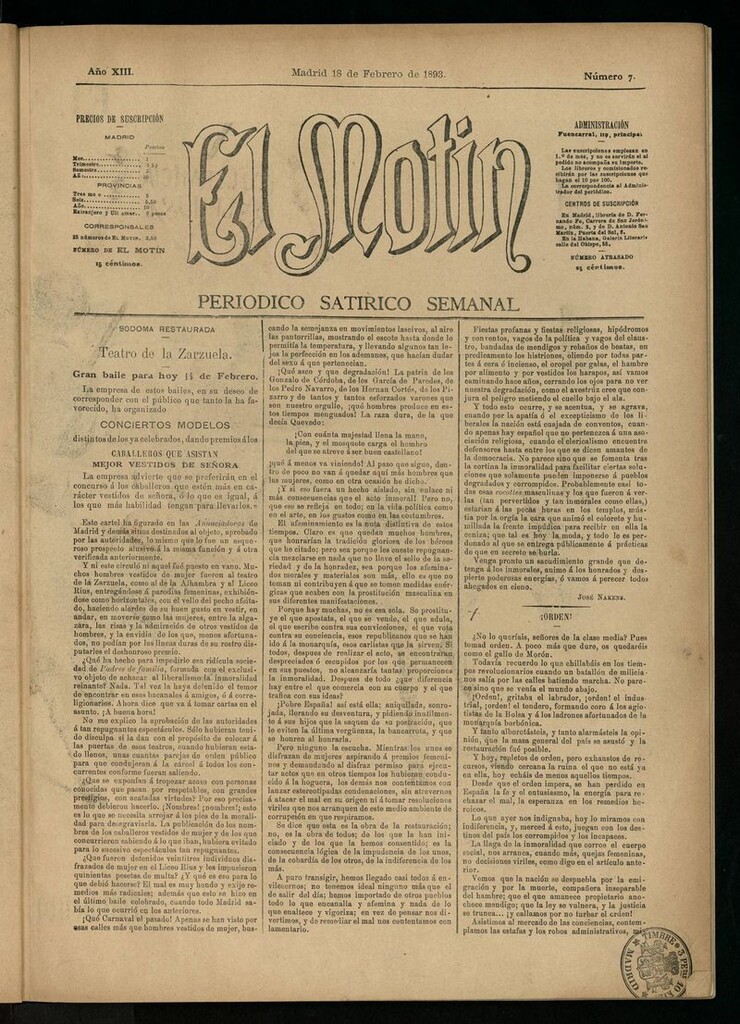 Miniatura de El Motín: periódico satírico semanal del 18 de febrero de 1893