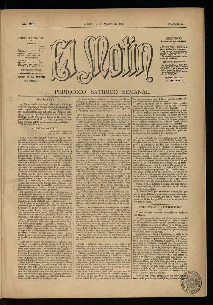 Miniatura de El Motín: periódico satírico semanal del 4 de marzo de 1893