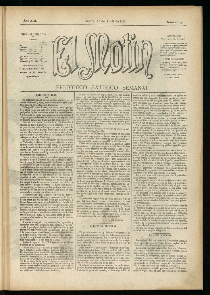Miniatura de El Motín: periódico satírico semanal del 1 de abril de 1893