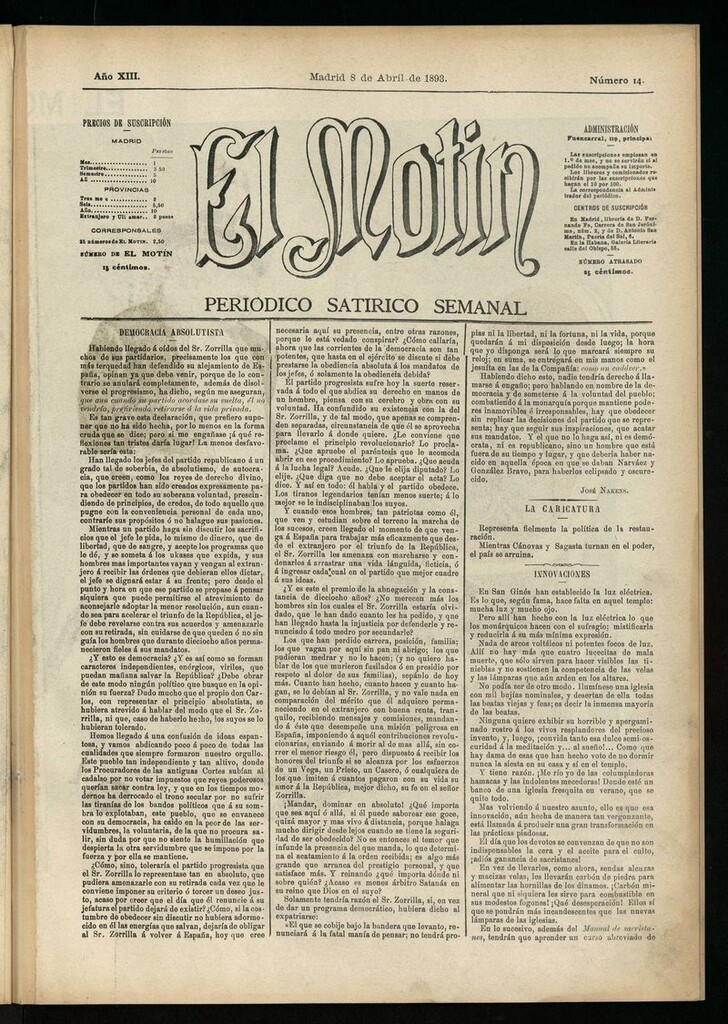 Miniatura de El Motín: periódico satírico semanal del 8 de abril de 1893
