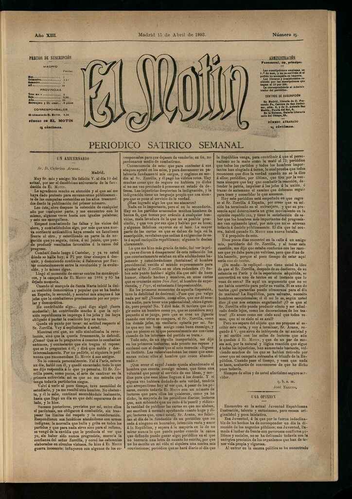 Miniatura de El Motín: periódico satírico semanal del 15 de abril de 1893