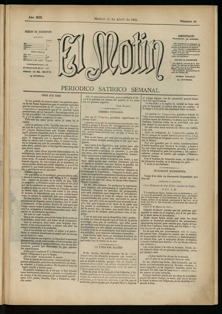 Miniatura de El Motín: periódico satírico semanal del 22 de abril de 1893