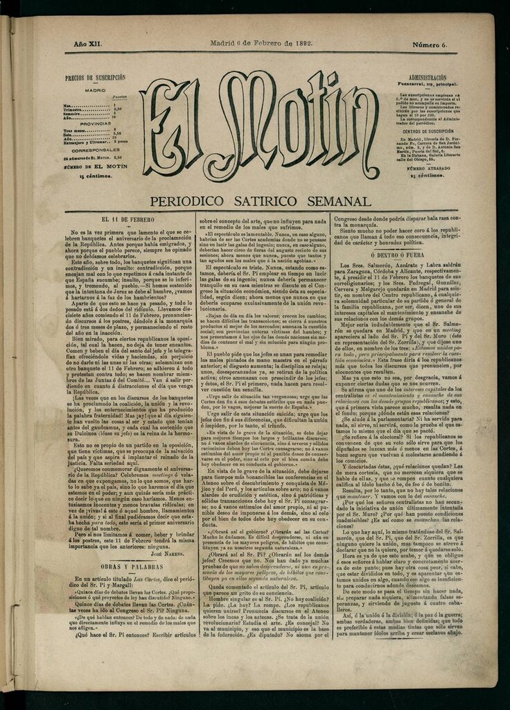 Miniatura de El Motín: periódico satírico semanal 6 de Febrero de 1892