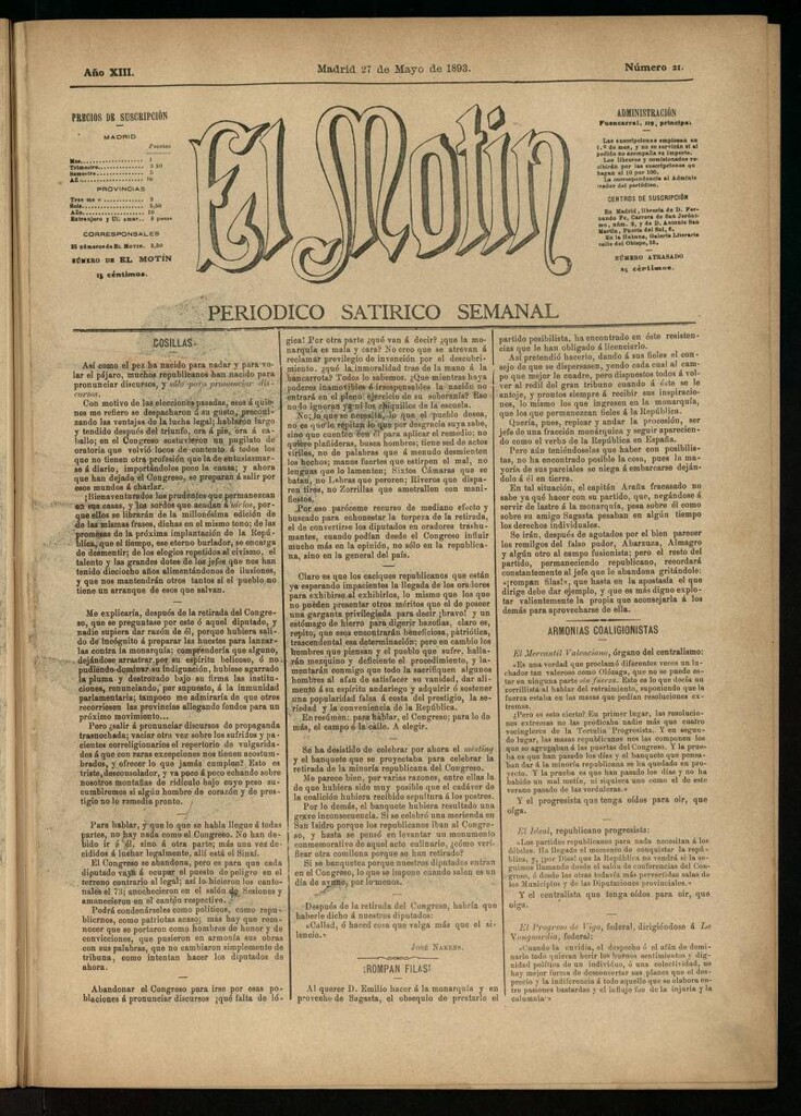 Miniatura de El Motín: periódico satírico semanal del 27 de mayo de 1893