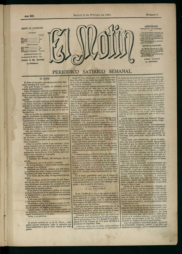 Miniatura de El Motín: periódico satírico semanal 20 de Febrero de 1892