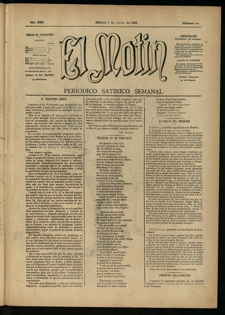 Miniatura de El Motín: periódico satírico semanal del 3 de junio de 1893