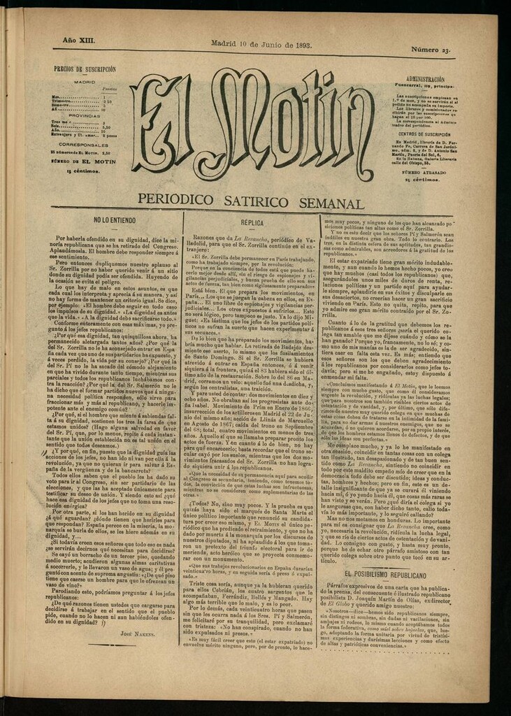 Miniatura de El Motín: periódico satírico semanal del 10 de junio de 1893