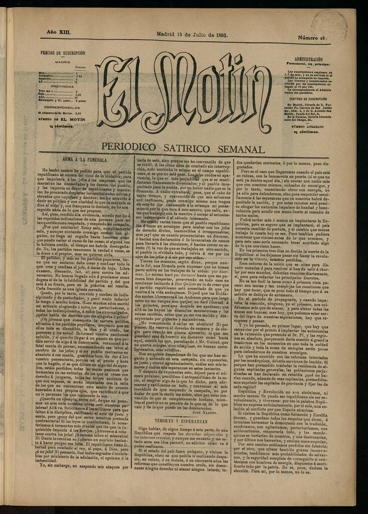 Miniatura de El Motín: periódico satírico semanal del 15 de julio de 1893