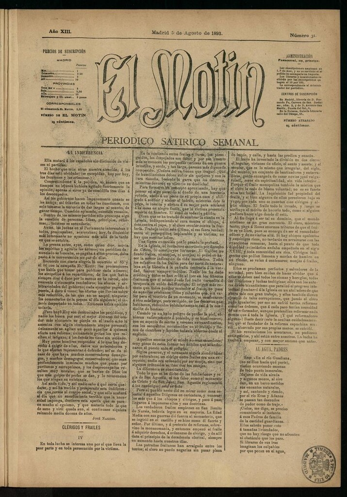 Miniatura de El Motín: periódico satírico semanal del 5 de agosto de 1893