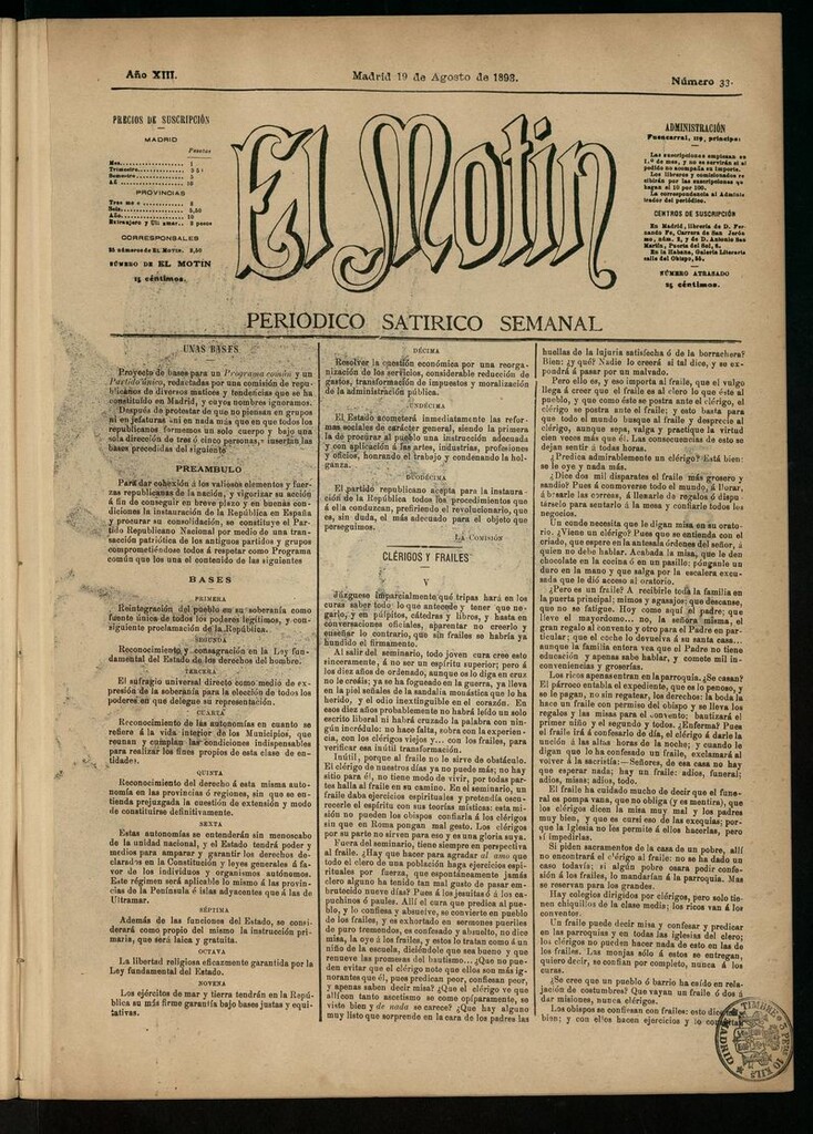 Miniatura de El Motín: periódico satírico semanal del 19 de agosto de 1893