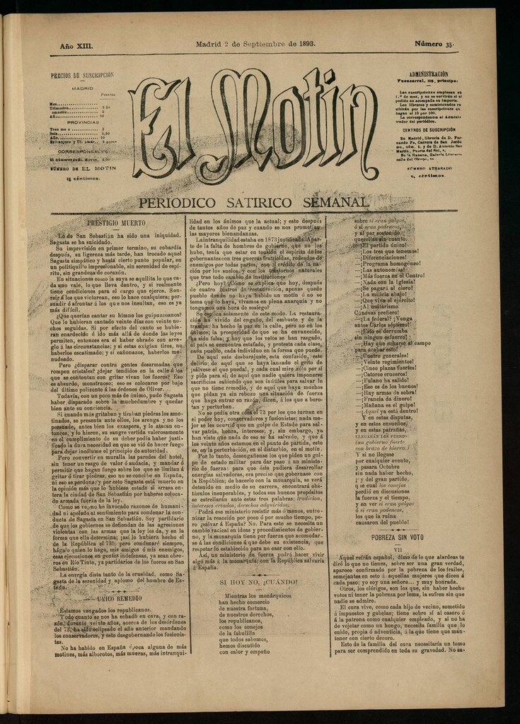 Miniatura de El Motín: periódico satírico semanal del 2 de septiembre de 1893