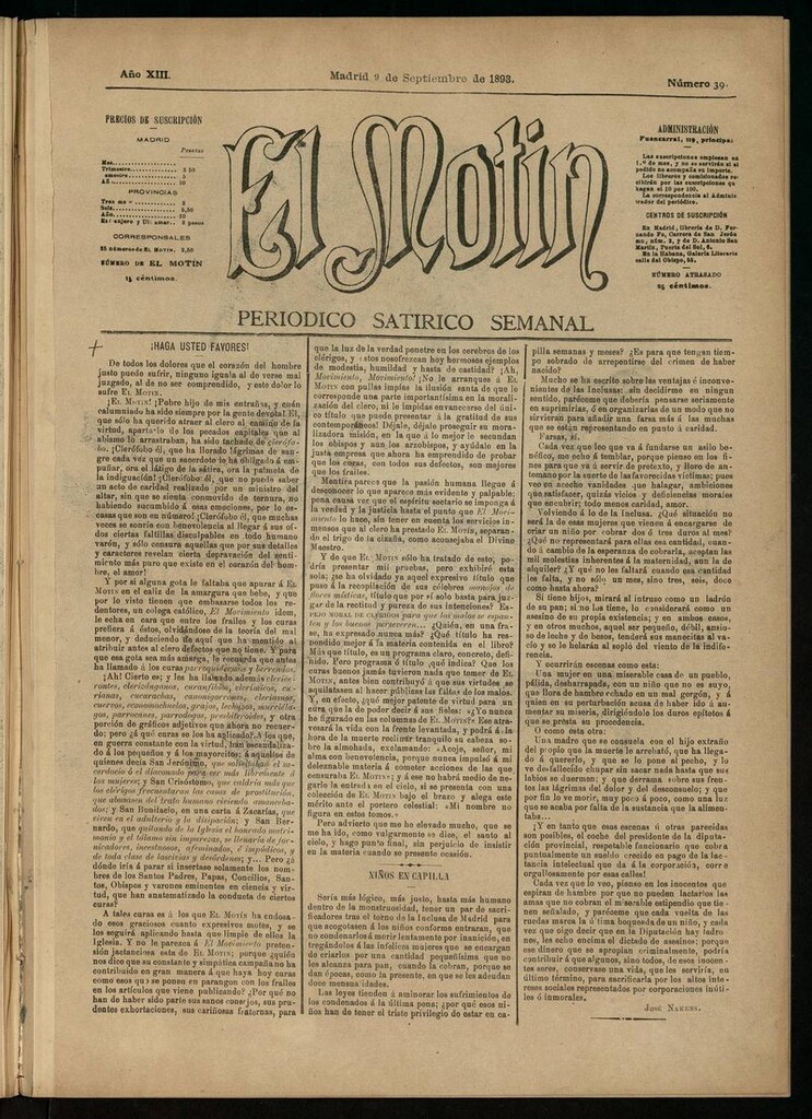 Miniatura de El Motín: periódico satírico semanal del 9 de septiembre de 1893