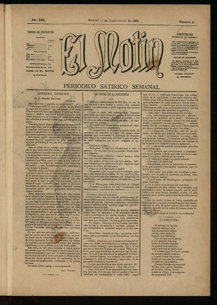 Miniatura de El Motín: periódico satírico semanal del 16 de septiembre de 1893