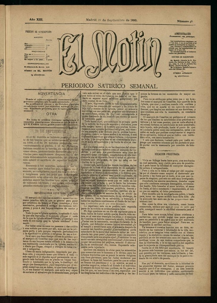 Miniatura de El Motín: periódico satírico semanal del 23 de septiembre de 1893