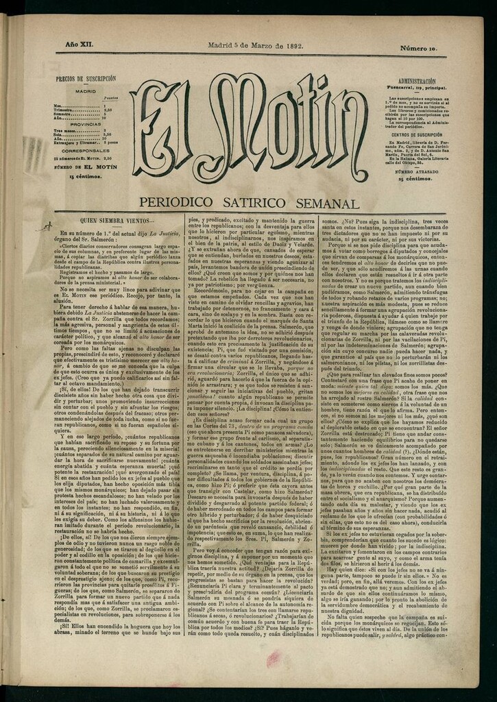 Miniatura de El Motín: periódico satírico semanal 5 de Marzo de 1892