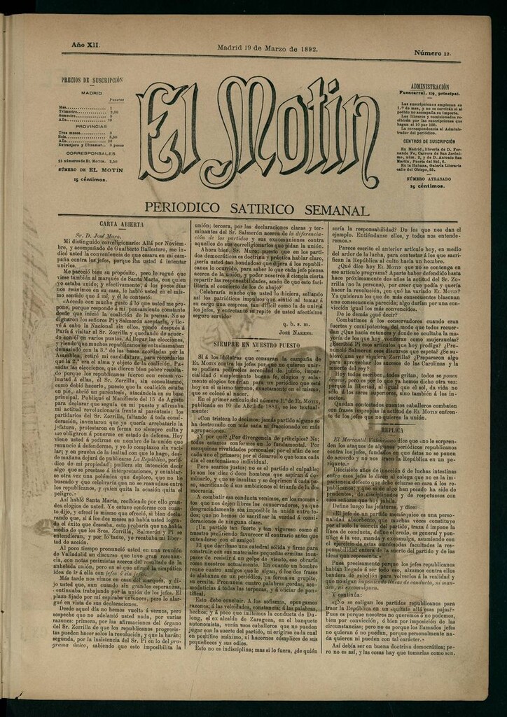 Miniatura de El Motín: periódico satírico semanal 19 de Marzo de 1892