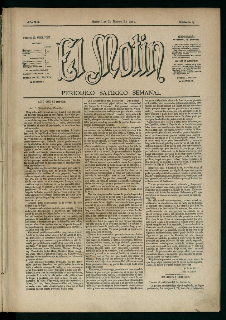 Miniatura de El Motín: periódico satírico semanal 26 de Marzo de 1892