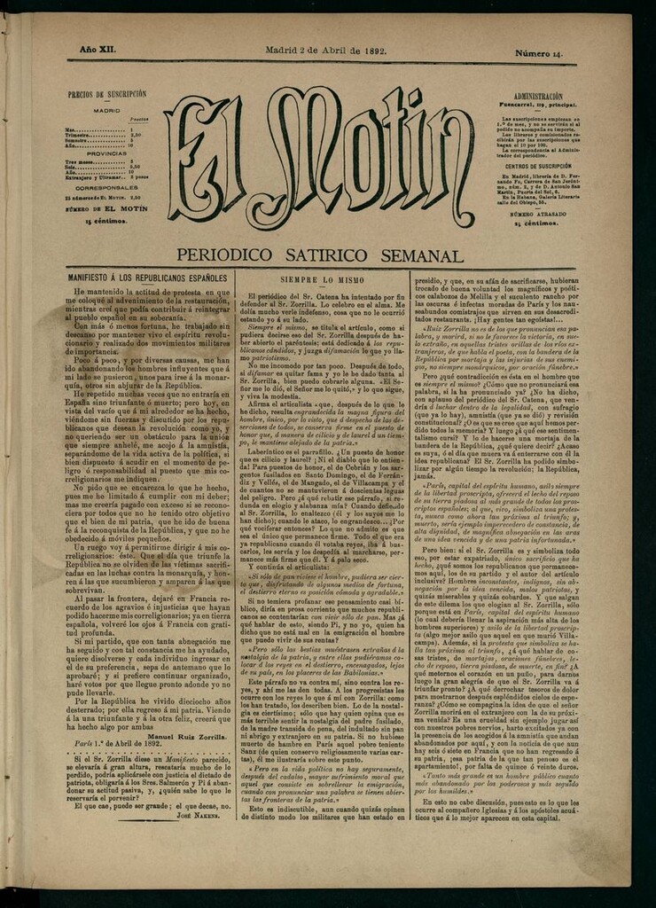 Miniatura de El Motín: periódico satírico semanal 2 de Abril de 1892