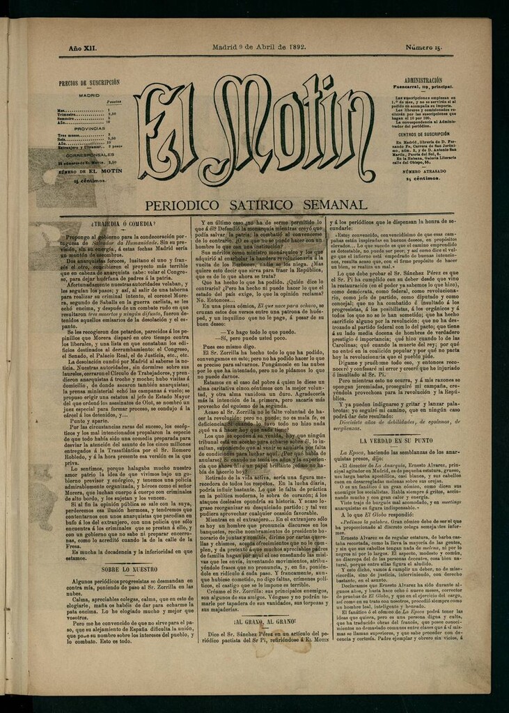 Miniatura de El Motín: periódico satírico semanal 9 de Abril de 1892