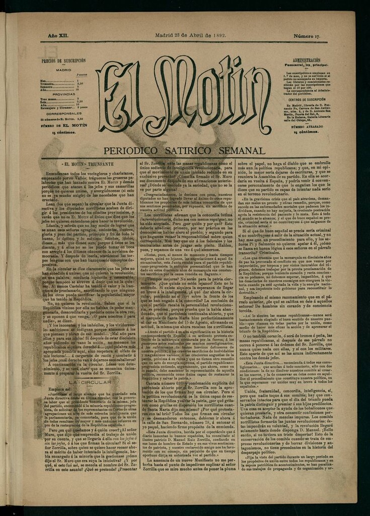 Miniatura de El Motín: periódico satírico semanal 23 de Abril de 1892