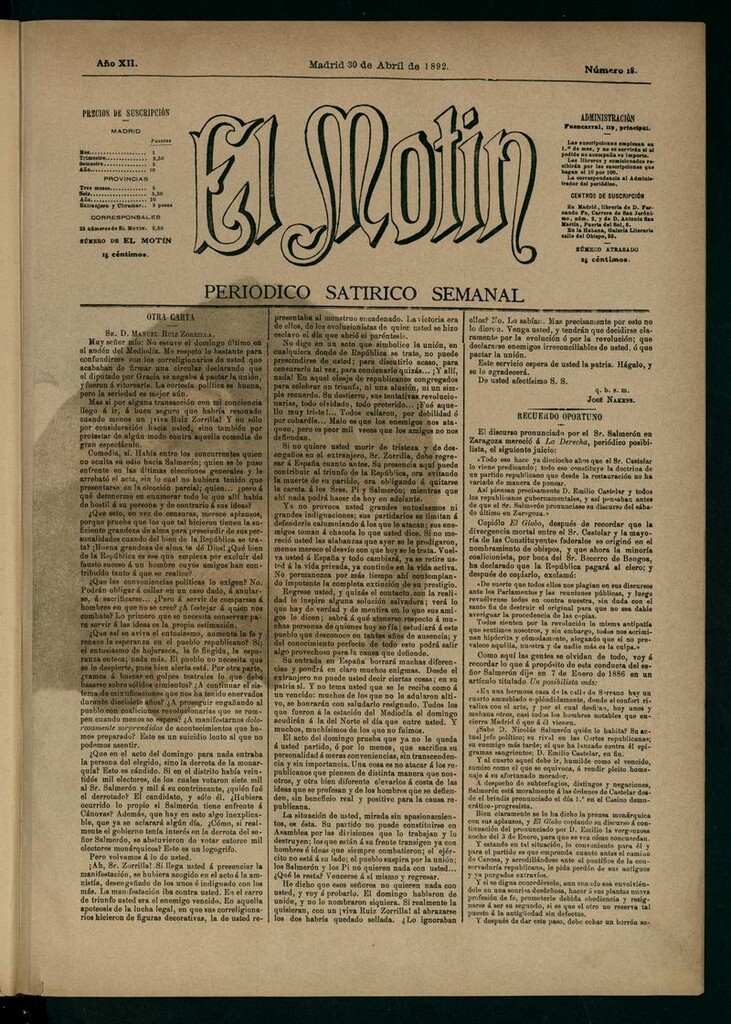Miniatura de El Motín: periódico satírico semanal 30 de Abril de 1892