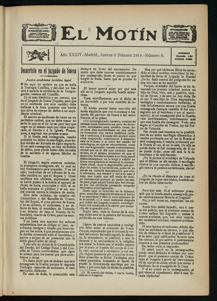 Miniatura de El Motín: periódico satírico del jueves 5 de febrero de 1914