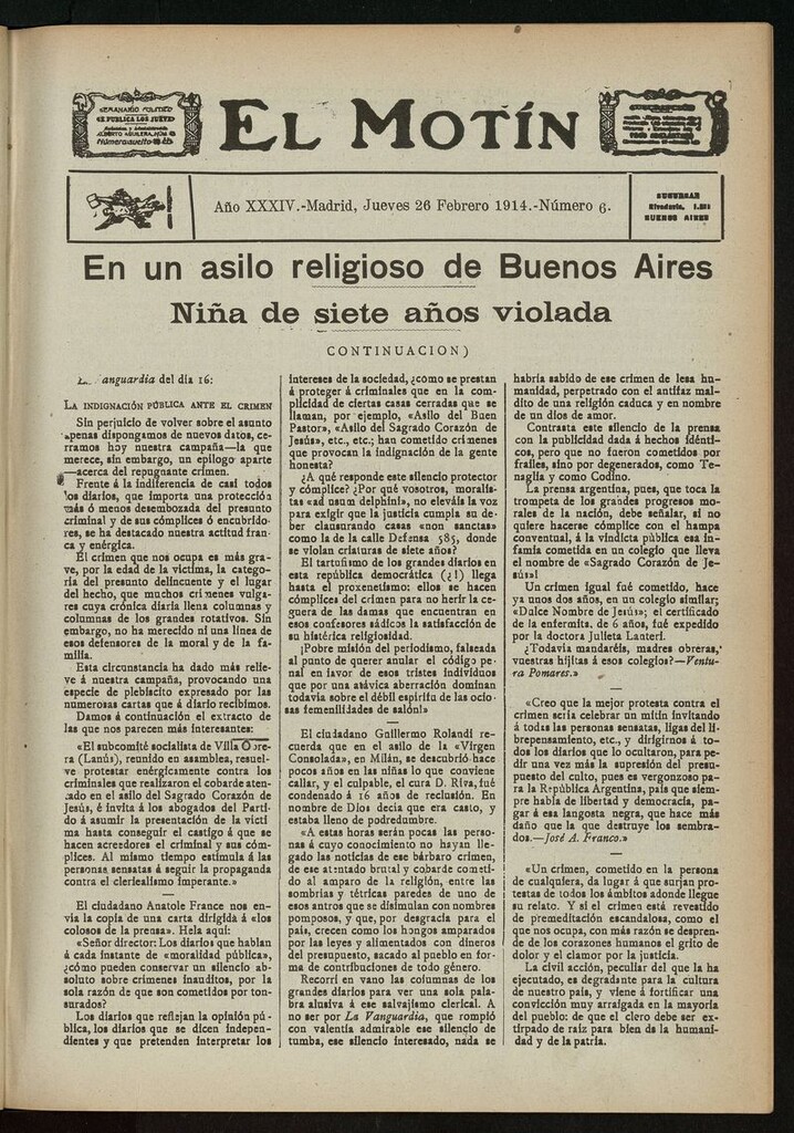 Miniatura de El Motín: periódico satírico del jueves 26 de febrero de 1914