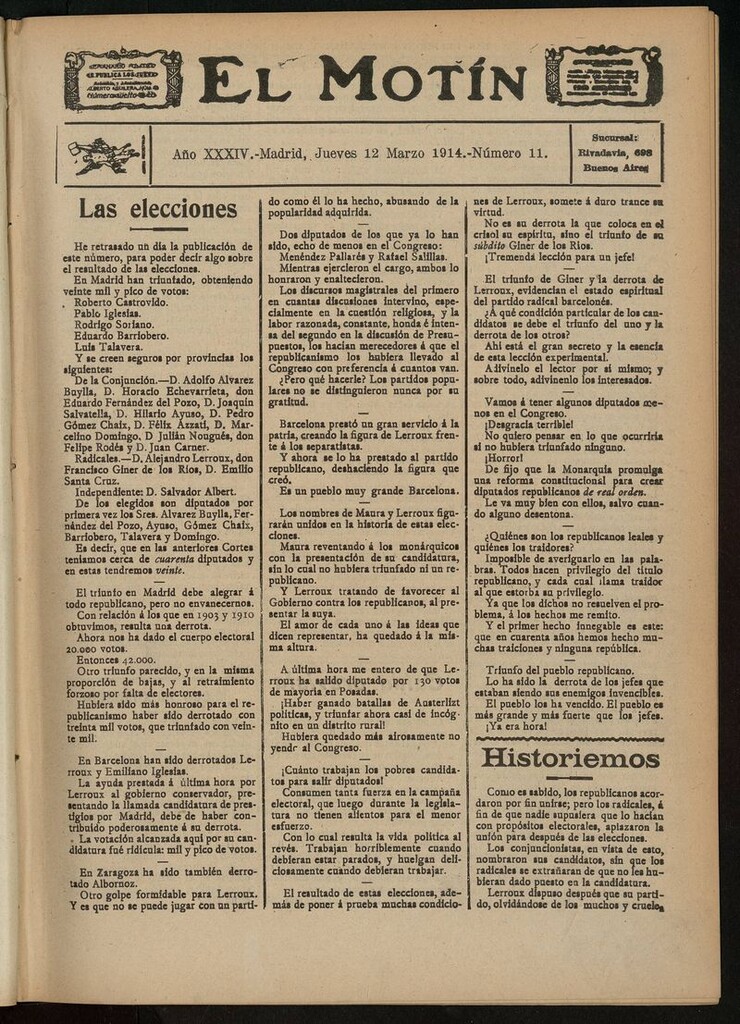 Miniatura de El Motín: periódico satírico del jueves 12 de marzo de 1914