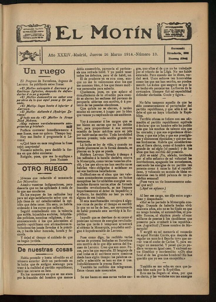 Miniatura de El Motín: periódico satírico del jueves 26 de marzo de 1914