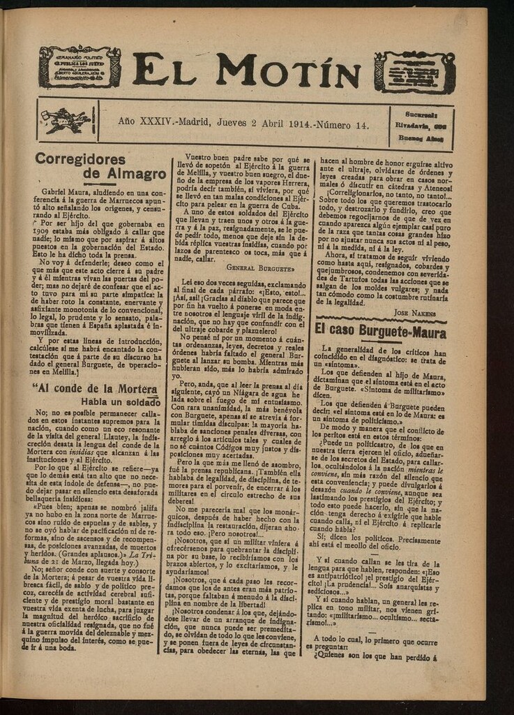 Miniatura de El Motín: periódico satírico del jueves 2 de abril de 1914