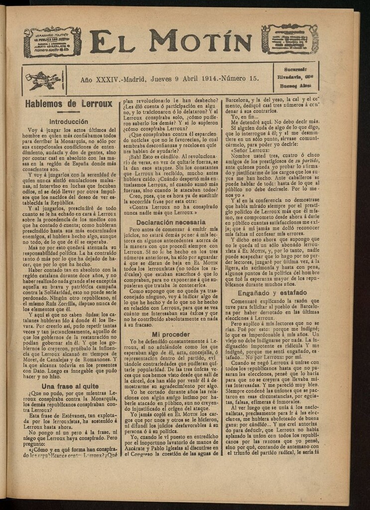 Miniatura de El Motín: periódico satírico del jueves 9 de abril de 1914