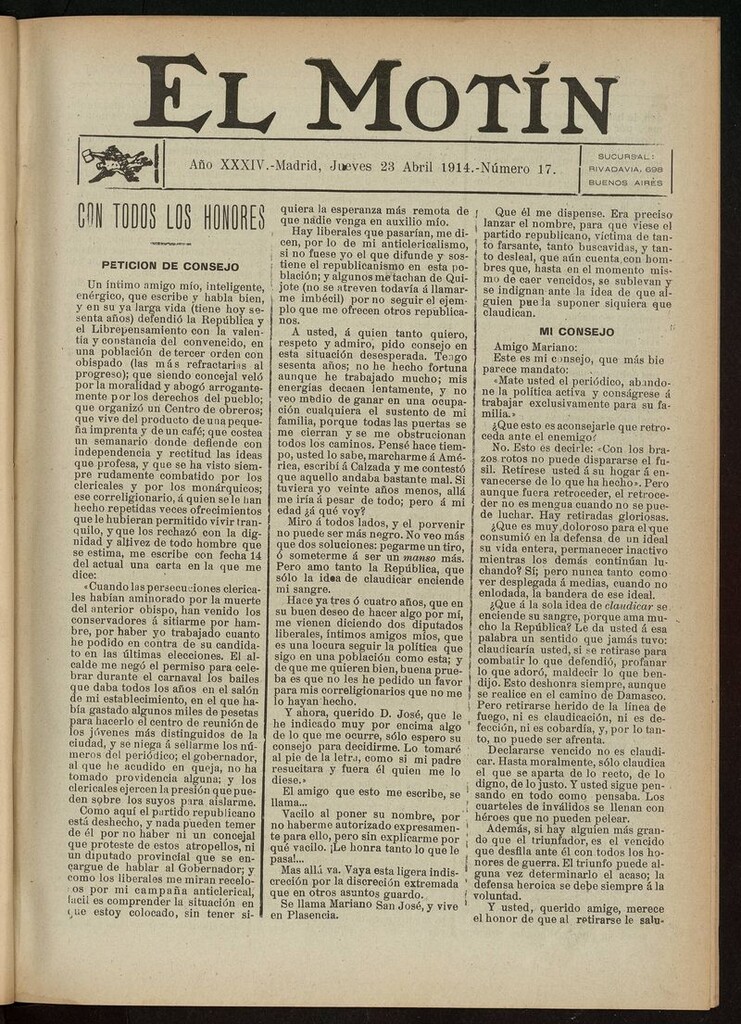 Miniatura de El Motín: periódico satírico del jueves 23 de abril de 1914