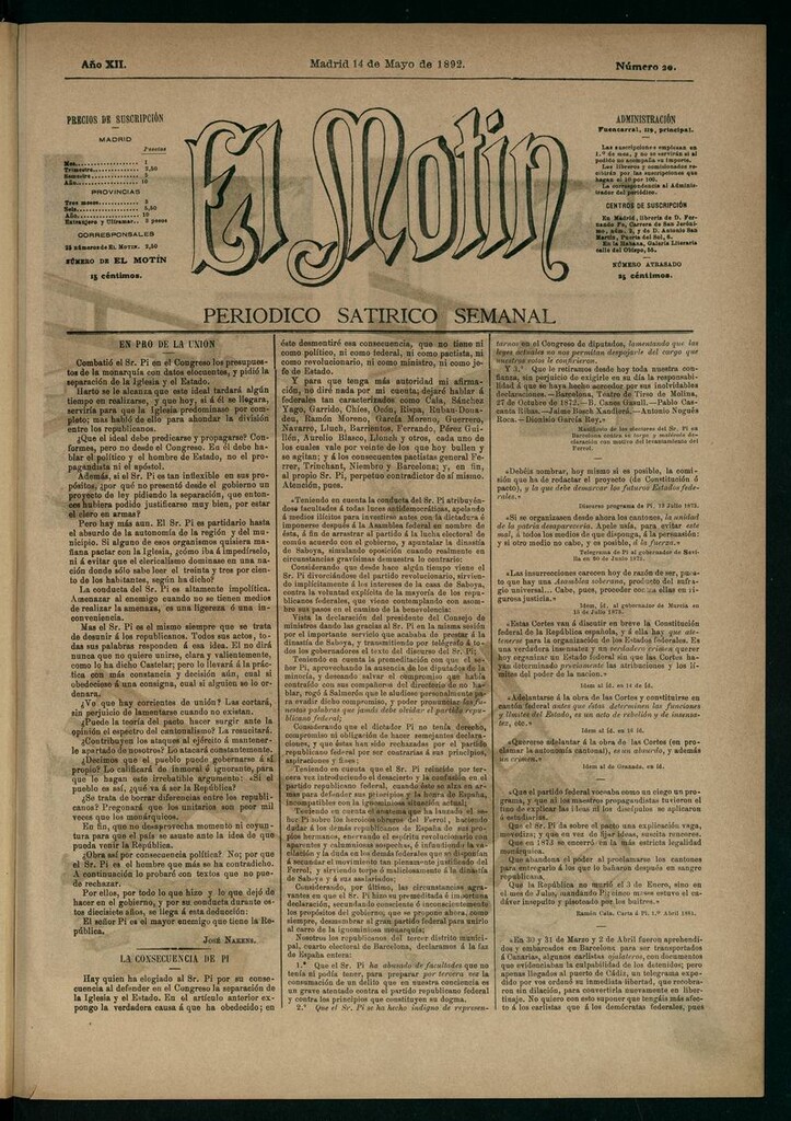 Miniatura de El Motín: periódico satírico semanal 14 de Mayo de 1892
