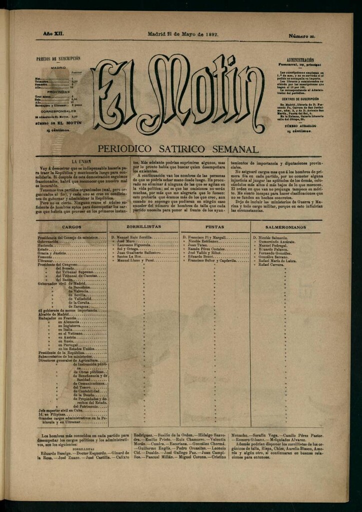 Miniatura de El Motín: periódico satírico semanal 21 de Mayo de 1892