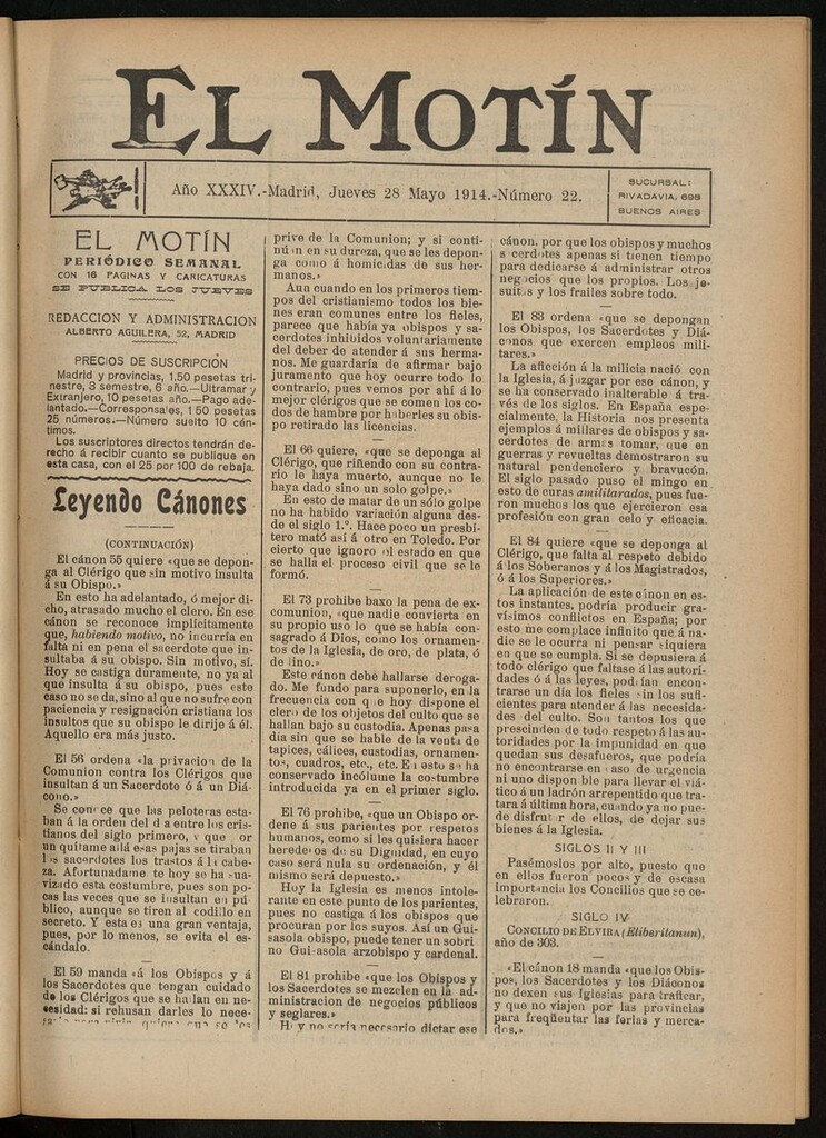 Miniatura de El Motín: periódico satírico del jueves 28 de mayo de 1914