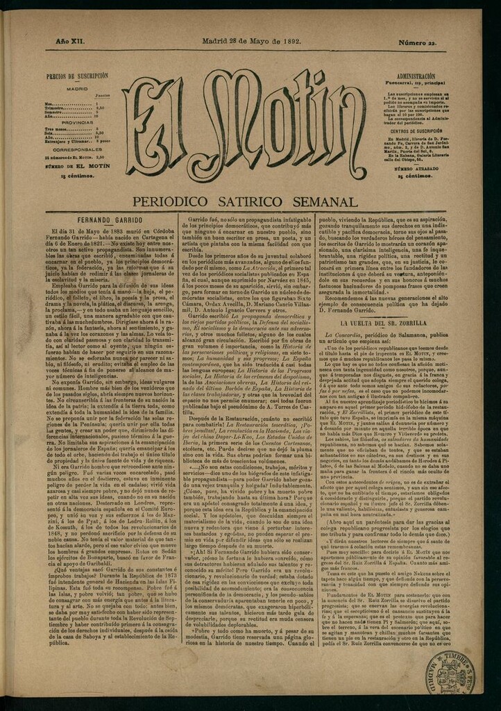 Miniatura de El Motín: periódico satírico semanal 28 de Mayo de 1892