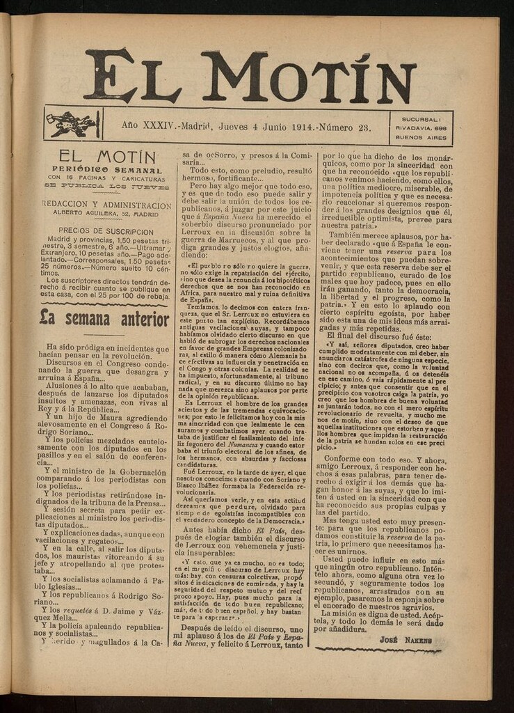 Miniatura de El Motín: periódico satírico del jueves 4 de junio de 1914