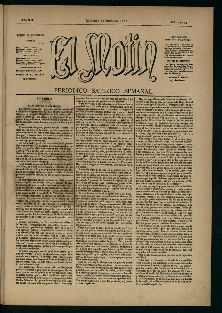 Miniatura de El Motín: periódico satírico semanal 4 de Junio de 1892