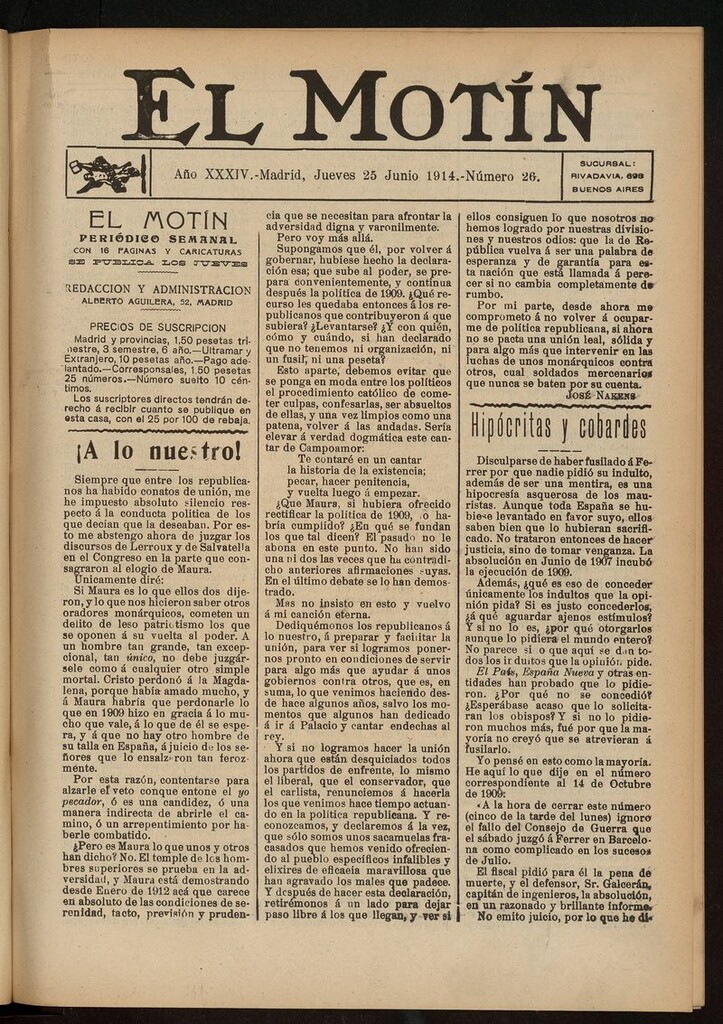 Miniatura de El Motín: periódico satírico del jueves 25 de junio de 1914
