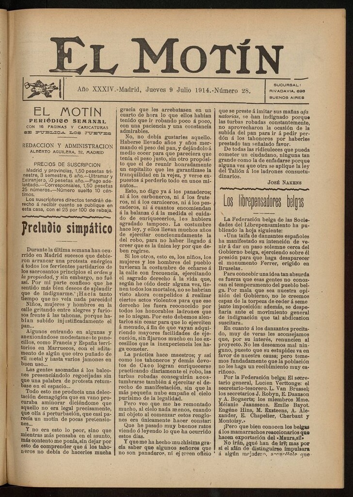 Miniatura de El Motín: periódico satírico del jueves 9 de julio de 1914