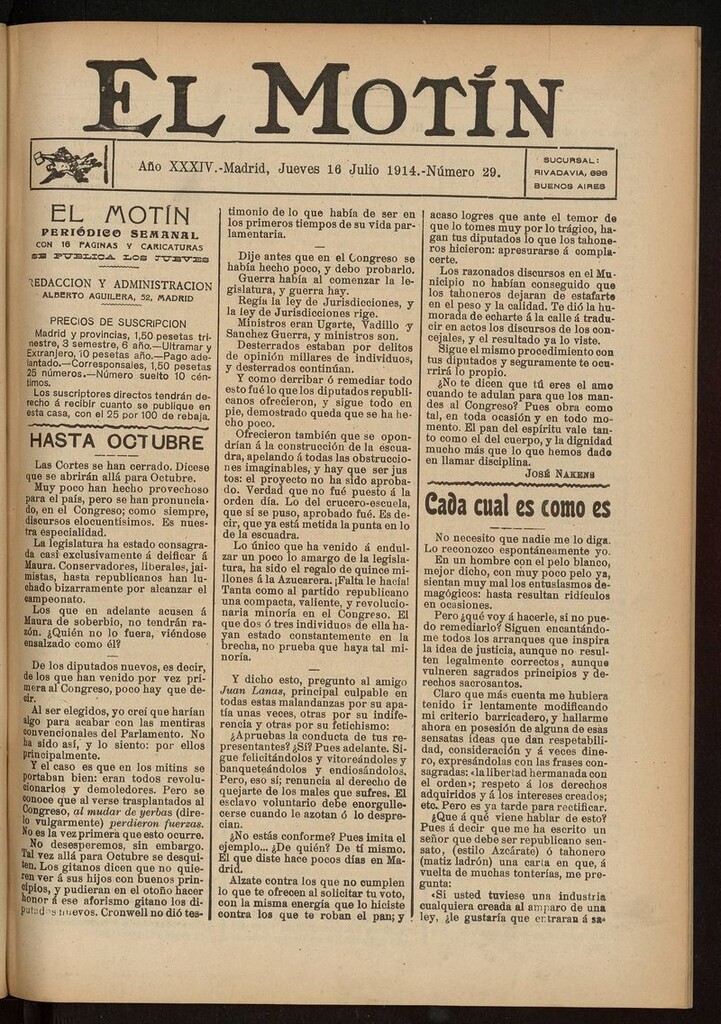 Miniatura de El Motín: periódico satírico del jueves 16 de julio de 1914