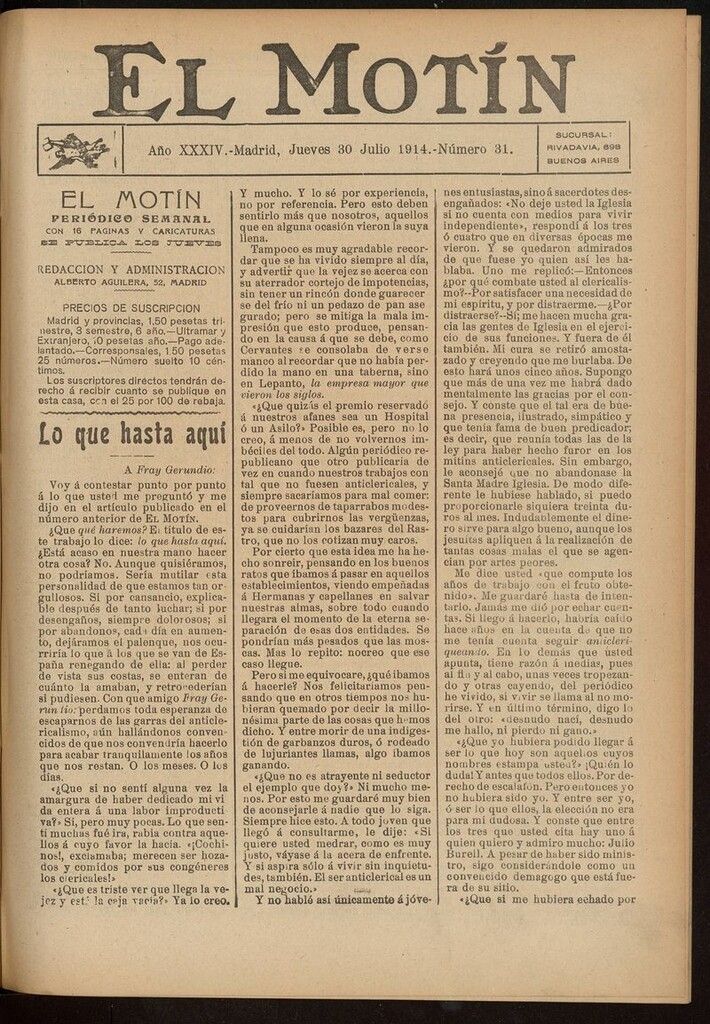 Miniatura de El Motín: periódico satírico del jueves 30 de julio de 1914