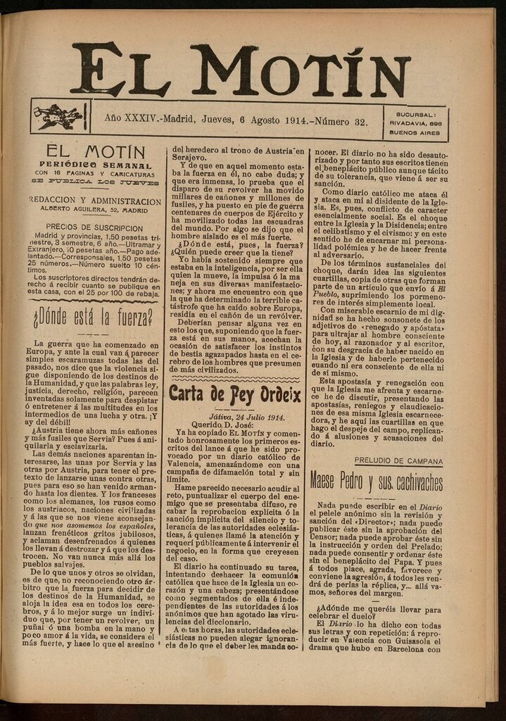 Miniatura de El Motín: periódico satírico del jueves 6 de agosto de 1914