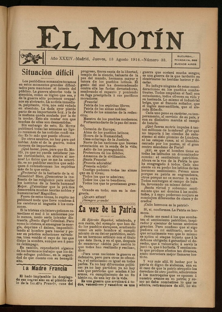 Miniatura de El Motín: periódico satírico del jueves 13 de agosto de 1914