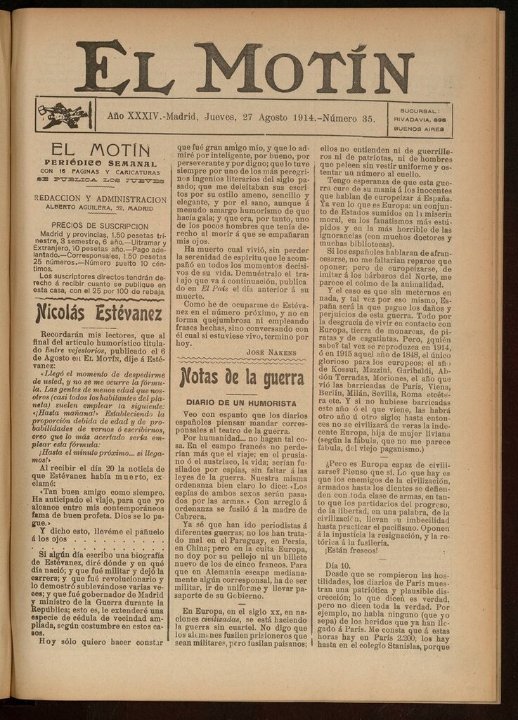 Miniatura de El Motín: periódico satírico del jueves 27 de agosto de 1914