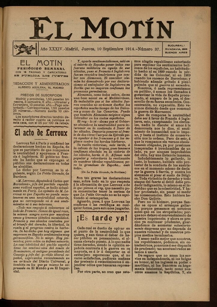 Miniatura de El Motín: periódico satírico del jueves 10 de septiembre de 1914