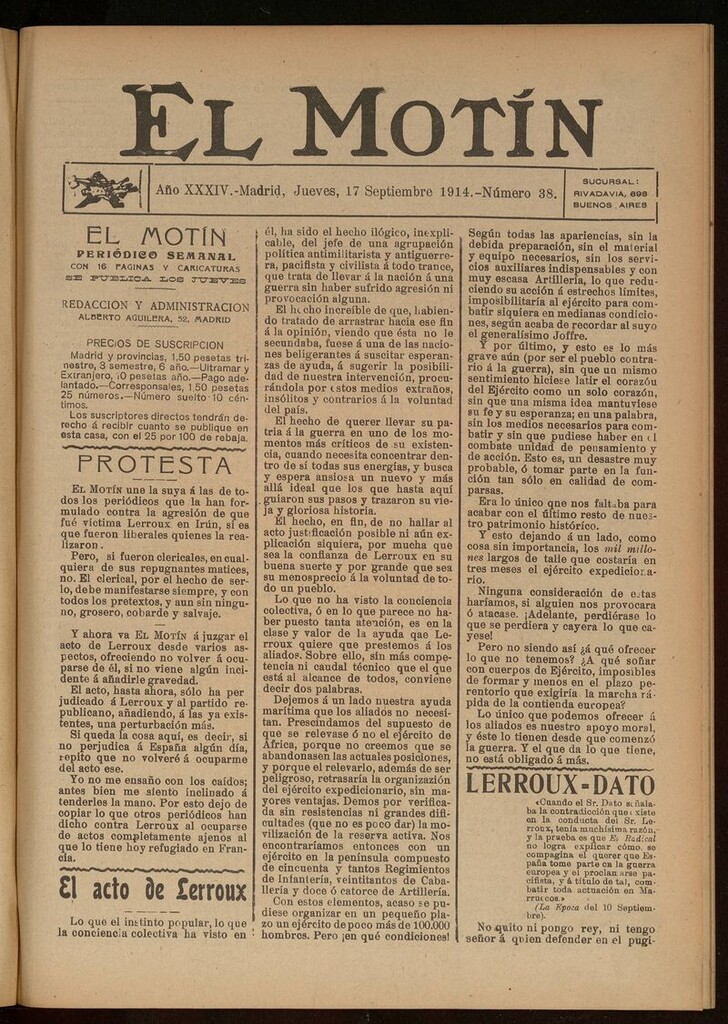 Miniatura de El Motín: periódico satírico del jueves 17 de septiembre de 1914